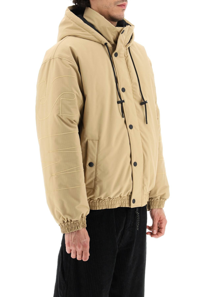 Shop Msgm Ripstop Jacket With Logo Embroidery In Beige