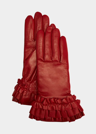 Shop Agnelle Ruffle Cuffs Leather Gloves In Cardinal