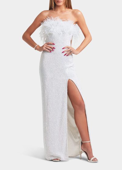 Shop Retroféte Dolly Strapless Sequin Feather Maxi Dress In Moonglow White