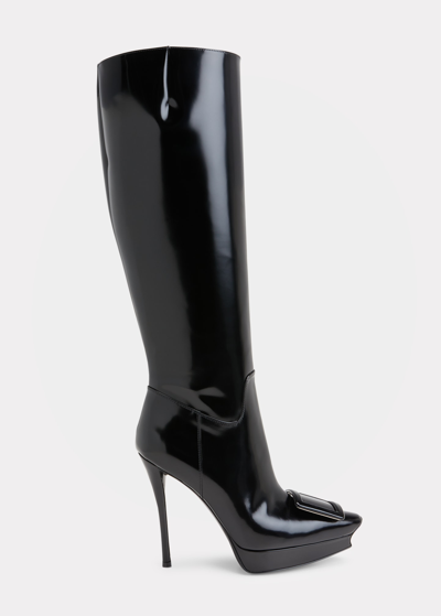 Shop Roger Vivier Patent Buckle Tall Platform Boots In Black