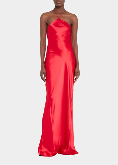 Shop Retroféte Justine Crisscross Cowl-back Satin Halter Gown In Red