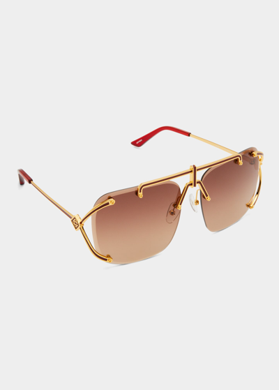 Shop Casablanca Men's Monogram Wire-rim Square Aviator Sunglasses In Gold/wine/brown