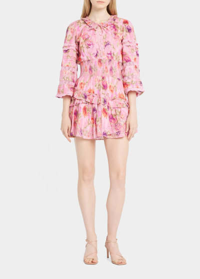 Shop Loveshackfancy Clarkie Puff-sleeve Embroidered Lace Mini Dress In Wild Pink Rose