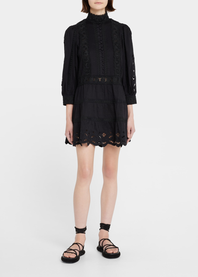 Shop Alice And Olivia Clark Mandarin-collar Tiered Lace Mini Dress In Black