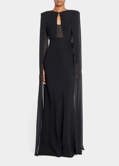 Shop Roland Mouret Cape-sleeve Evening Gown W/ Mesh Detail In Black
