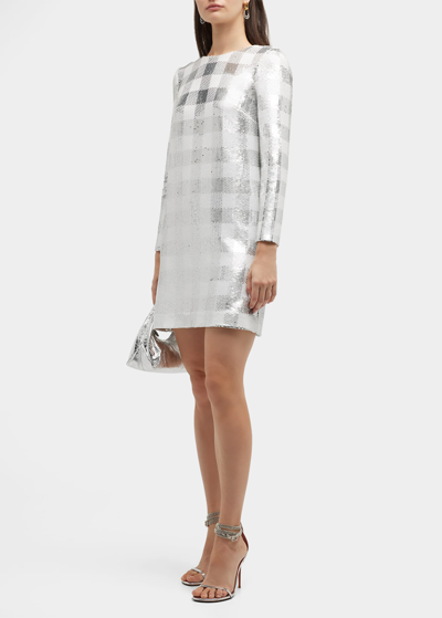 Shop Carolina Herrera Large Gingham Sequin Mini Dress In White / Silver