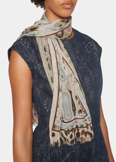 Shop Etro Paisley & Cheetah-print Silk Scarf In Beige