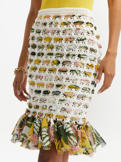 Shop Oscar De La Renta Floral-print Crochet Skirt In Neutrals