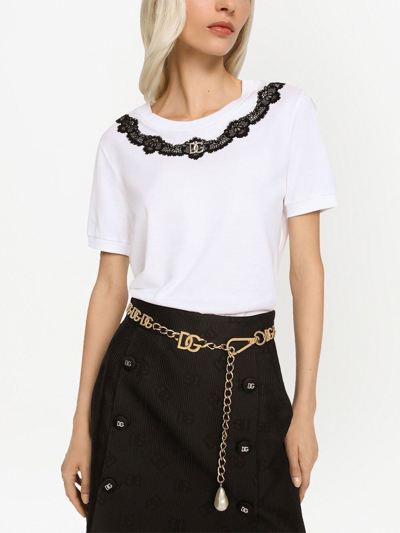 Shop Dolce & Gabbana Dg-logo Lace-detail T-shirt In White