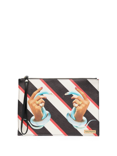 Shop Seletti Striped Graphic-print Clutch-bag In Black