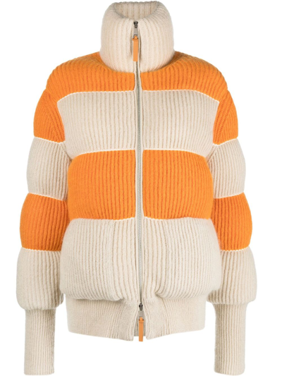 Shop Moncler Genius Neutral Striped Knit Puffer Jacket In Neutrals