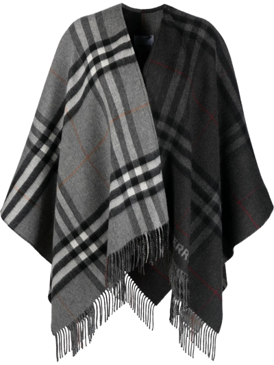 Shop Burberry Grey Fringed Checked Cape