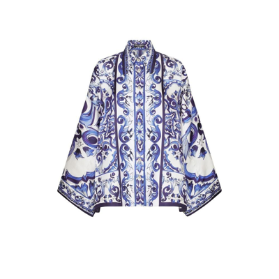 Shop Dolce & Gabbana Majolica-print Batwing-sleeve Shirt In Blue