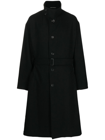 Shop Yohji Yamamoto Belted-waist Single-breasted Coat In Black