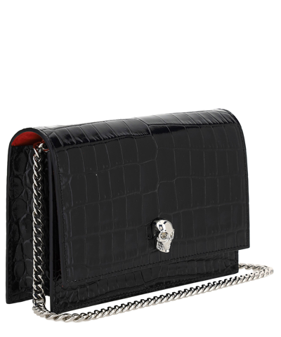 Alexander Mcqueen Mini Skull Croc Embossed Leather Shoulder Bag In Black