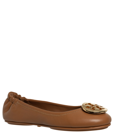 Tory Burch Minnie Travel Ballet With Metal Logo In Brown