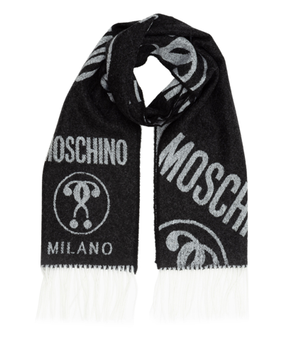 Shop Moschino Double Question Mark Wool Scarf In Black