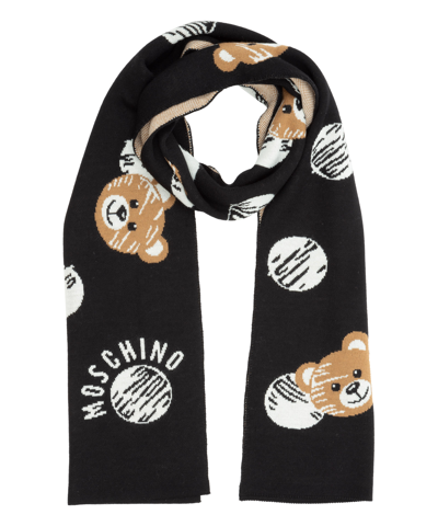 Shop Moschino Teddy Bear Wool Scarf In Black