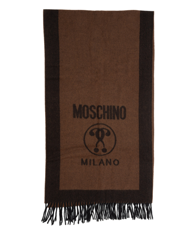 Shop Moschino Double Question Mark Wool Scarf In Brown