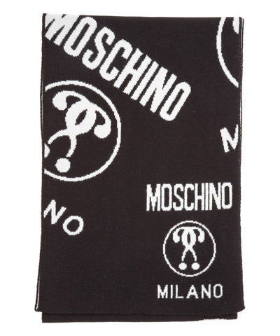 Shop Moschino Double Question Mark Wool Scarf In Black