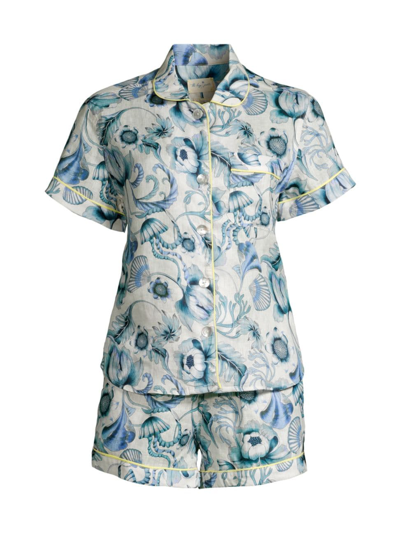 Shop The Lazy Poet Women's In The Pursuit Of Magic Nina Floral & Shell Linen Pajamas In Blue Medusa