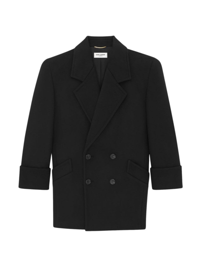 Shop Saint Laurent Women's Double-breasted Coat In Wool In Noir