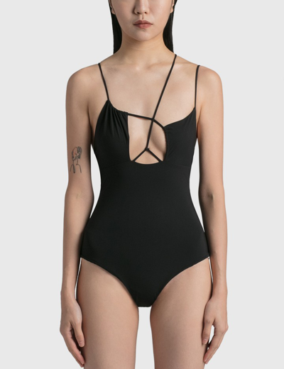 Shop Nensi Dojaka Asymmetric Draped Bra Swimsuit In Black