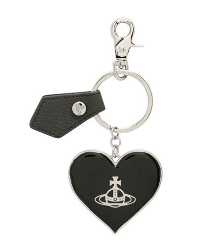Shop Vivienne Westwood Grain Leather Mirror Heart Orb Woman Key Ring Dark Green Size - Iron, Soft Leather