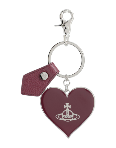 Shop Vivienne Westwood Grain Leather Mirror Heart Orb Woman Key Ring Burgundy Size - Iron, Soft Leather In Red