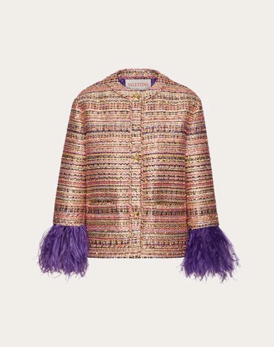 Shop Valentino Tweed Party Jacket With Feathers Woman Purple/fuchsia/gold 42