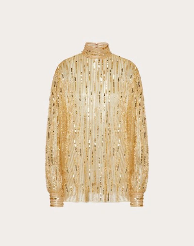 Shop Valentino Tulle Illusione Embroidered Top Woman Gold 40