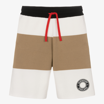 Shop Burberry Teen Boys Icon Stripe Wool Shorts In Ivory