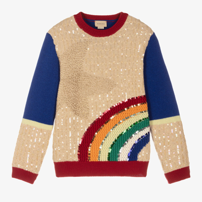 Shop Gucci Teen Girls Beige Wool Sequin Sweater