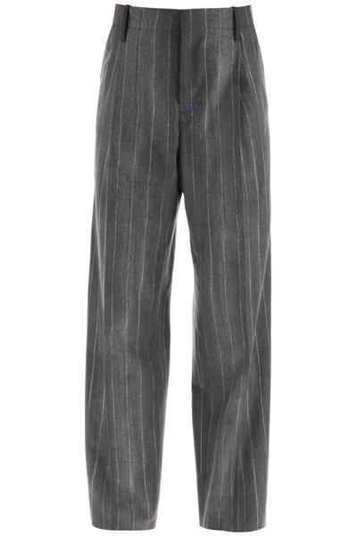 Shop Versace Flannel Wide Pants With Pastel Pinstripe Motif In Grey