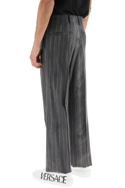 Shop Versace Flannel Wide Pants With Pastel Pinstripe Motif In Grey