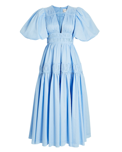 Shop Aje Fallingwater Gathered Cotton Midi Dress In Blue