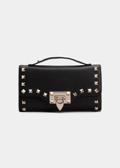 Valentino Garavani Rockstud Grainy Calfskin Wallet With Chain Strap Woman Black Uni In Black