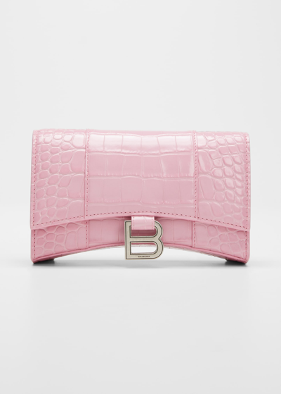 Shop Balenciaga Hourglass Croc-embossed Wallet Crossbody Bag In Candy Pink