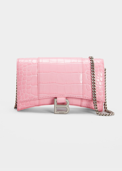 Shop Balenciaga Hourglass Croc-embossed Wallet Crossbody Bag In Sweet Pink