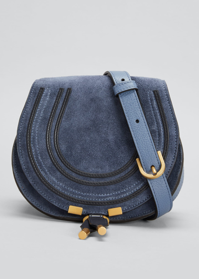 Shop Chloé Marcie Small Saddle Suede Crossbody Bag In Graphite Navy