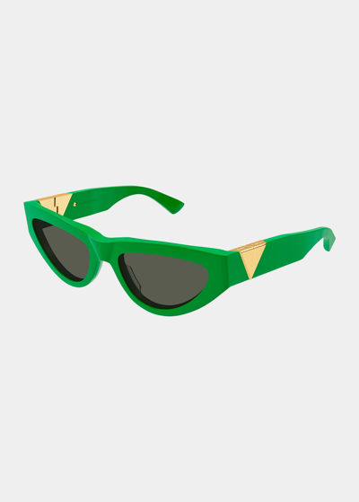 Shop Bottega Veneta Inverted Triangle Acetate Cat-eye Sunglasses In Shiny Solid Green
