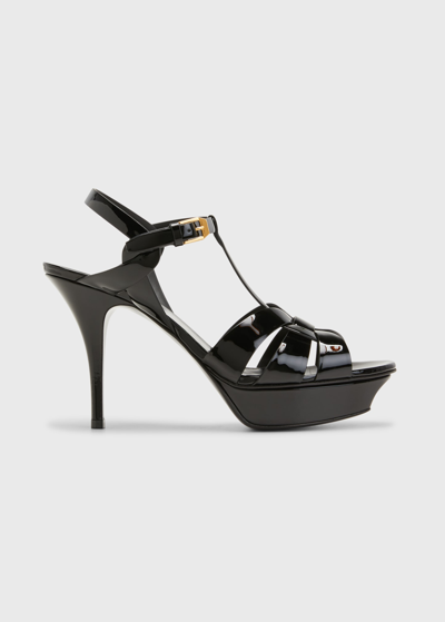 Shop Saint Laurent Tribute Patent Sandals, 4" Heel In Black