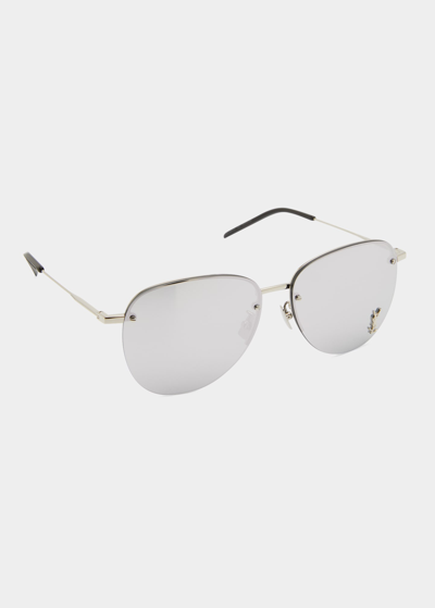 Shop Saint Laurent Men's Monogram Pilot Metal Sunglasses In Silver