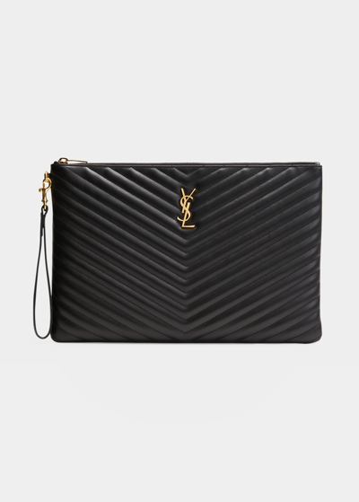 Shop Saint Laurent Ysl Monogram Large Pouch In Smooth Leather In Black