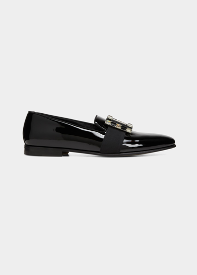 Shop Manolo Blahnik Men's Eaton Crystal Buckle Patent Leather Loafers In Black