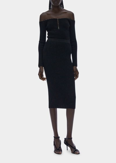 Shop Helmut Lang Ribbed Midi Skirt In Black/black