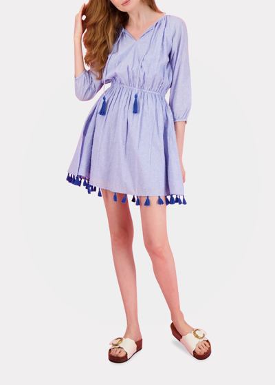 Shop Mer St. Barth Solange Popover Tassel Mini Dress In Blue Stripe Swiss