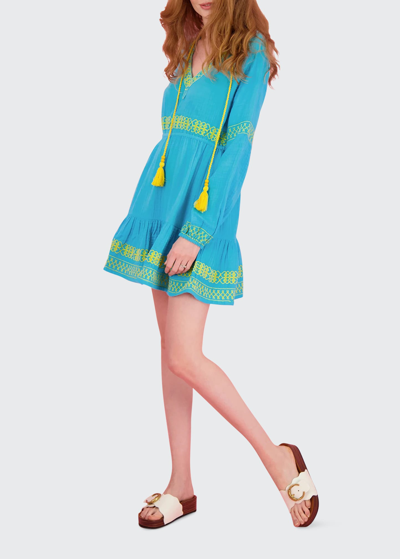 Shop Mer St. Barth Clara Lightweight Embroidered Mini Dress With Tassel Ties In Etheral Blue
