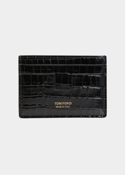 Shop Tom Ford Men's Croc-embossed Leather Money Clip Card Holder In Black