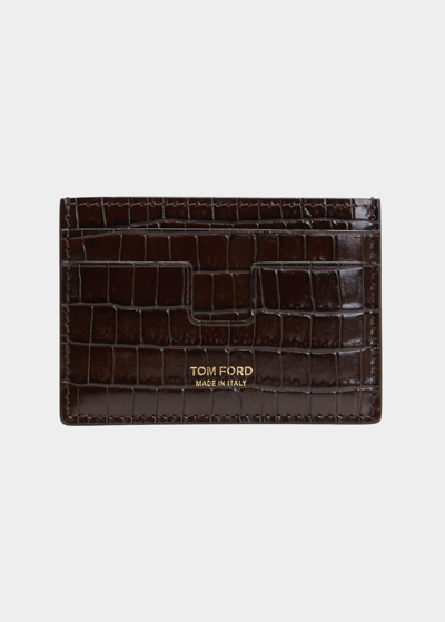 Shop Tom Ford Men's Croc-embossed Leather Money Clip Card Holder In Light Chocolate
